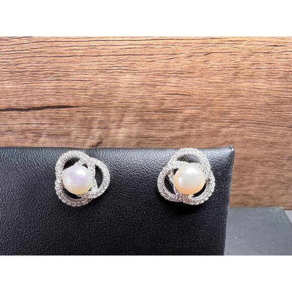 Cultured pearl swirl stud earrings in sterling silver with cz accents - Picture 8 of 14